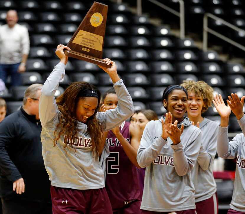 Mansfield Timberview post Lauryn Thompson (25) dances with the girl's 5A Region II...