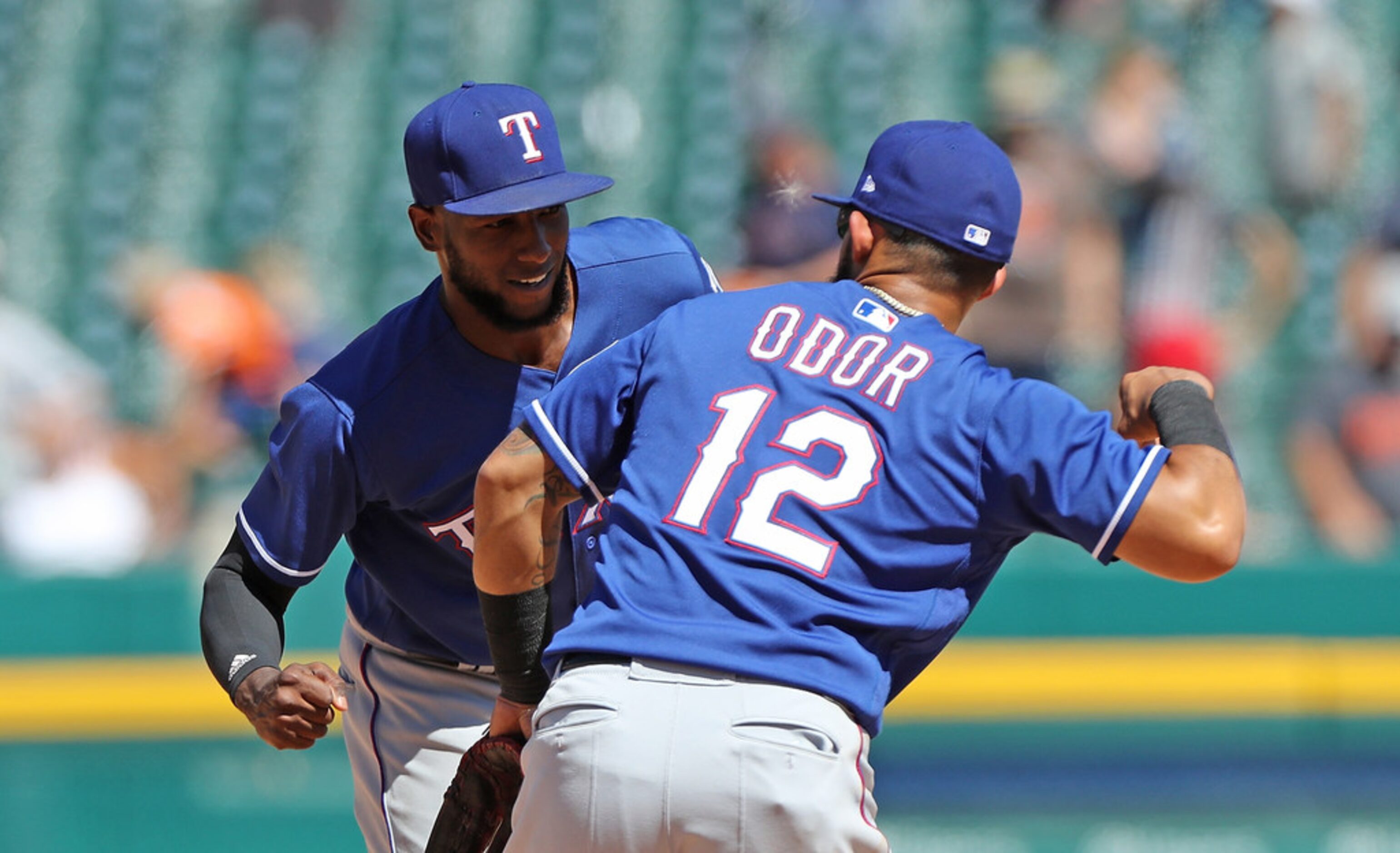 DETROIT, MI - JULY 8: Jurickson Profar #19 and Rougned Odor #12 of the Texas Rangers...