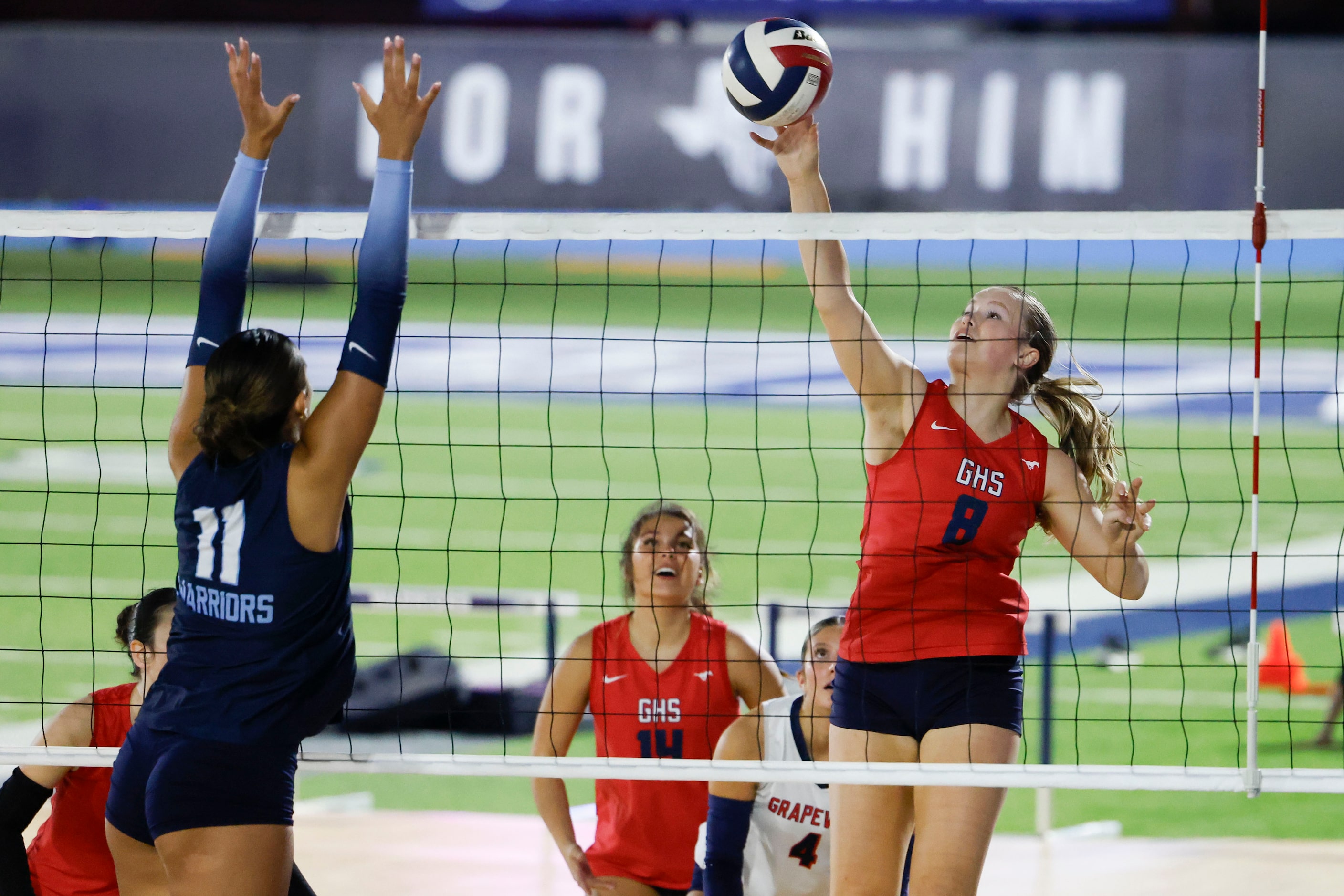 Grapevine High’s Claire Stewart (8) hits against Liberty Christian School’s Naya Sal-feet-e ...