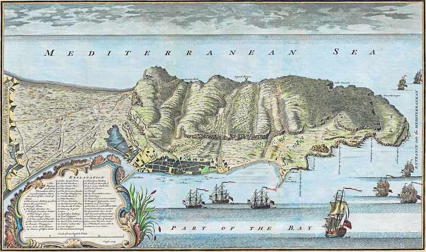 A 1738 map of Gibraltar. From Gibraltar, by Roy Adkins and Lesley Adkins.  