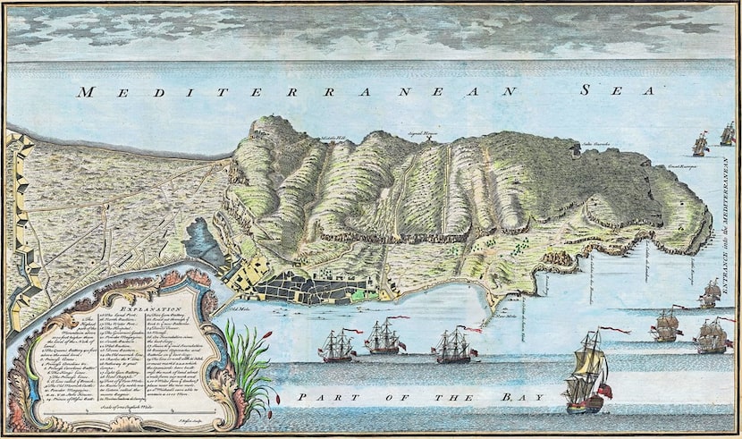 A 1738 map of Gibraltar. From Gibraltar, by Roy Adkins and Lesley Adkins.  