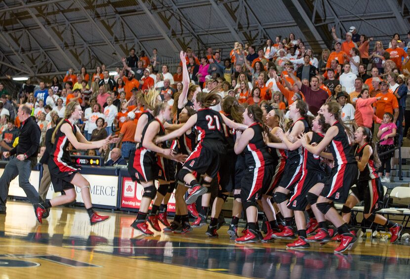 COMMERCE, TX - FEBRUARY 22: The Argyle Lady Eagles explode after the officials retract the...