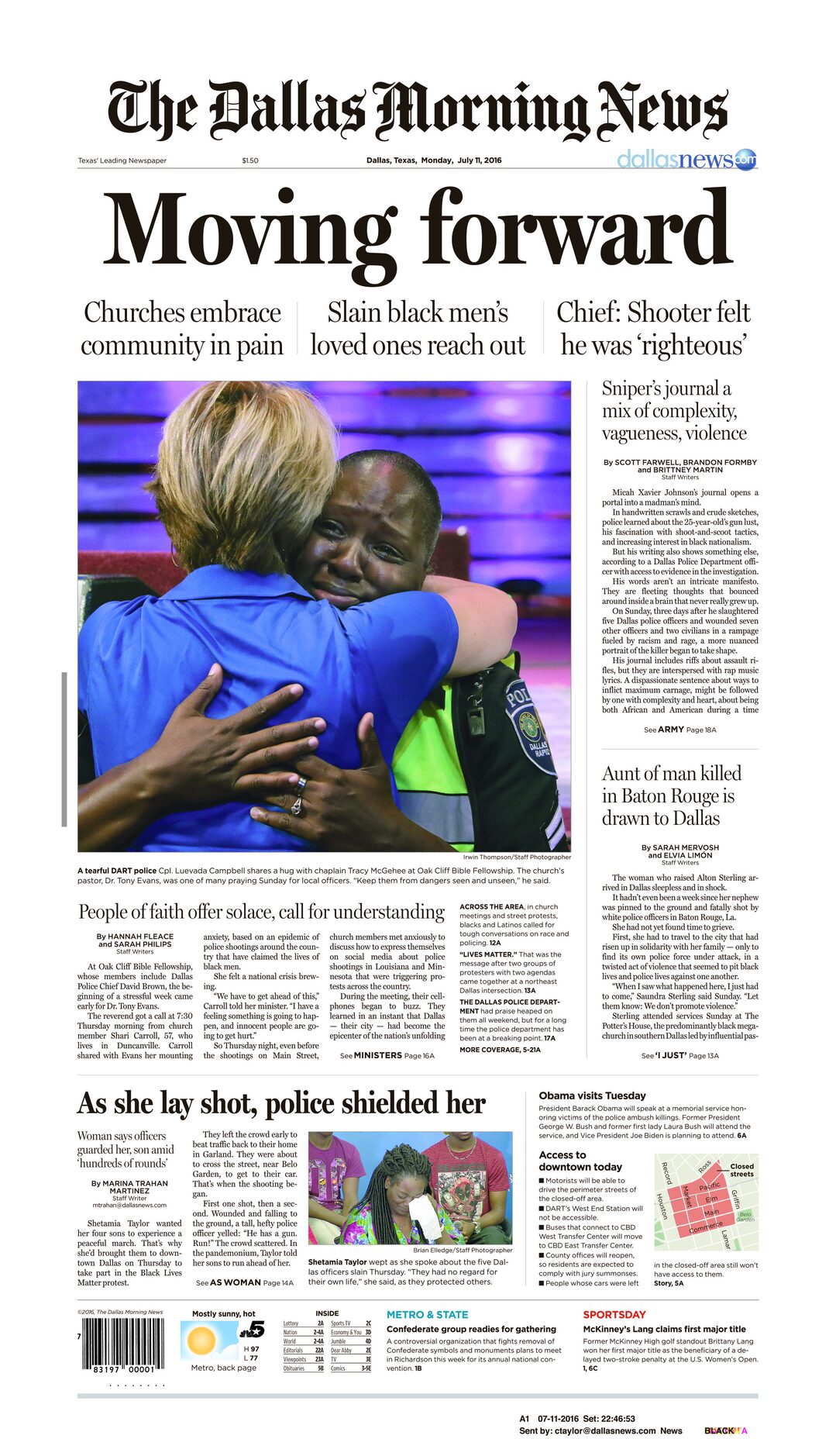 Front page of The Dallas Morning News on July 11, 2016. 