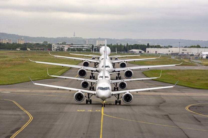 Airbus commercial aircraft line up on the tarmac in Toulouse as the company is celebrating...