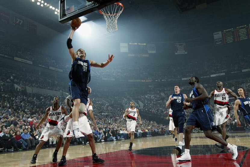 PORTLAND, OR - APRIL 25:  Dirk Nowitzki #41 of the Dallas Mavericks drives to the basket...