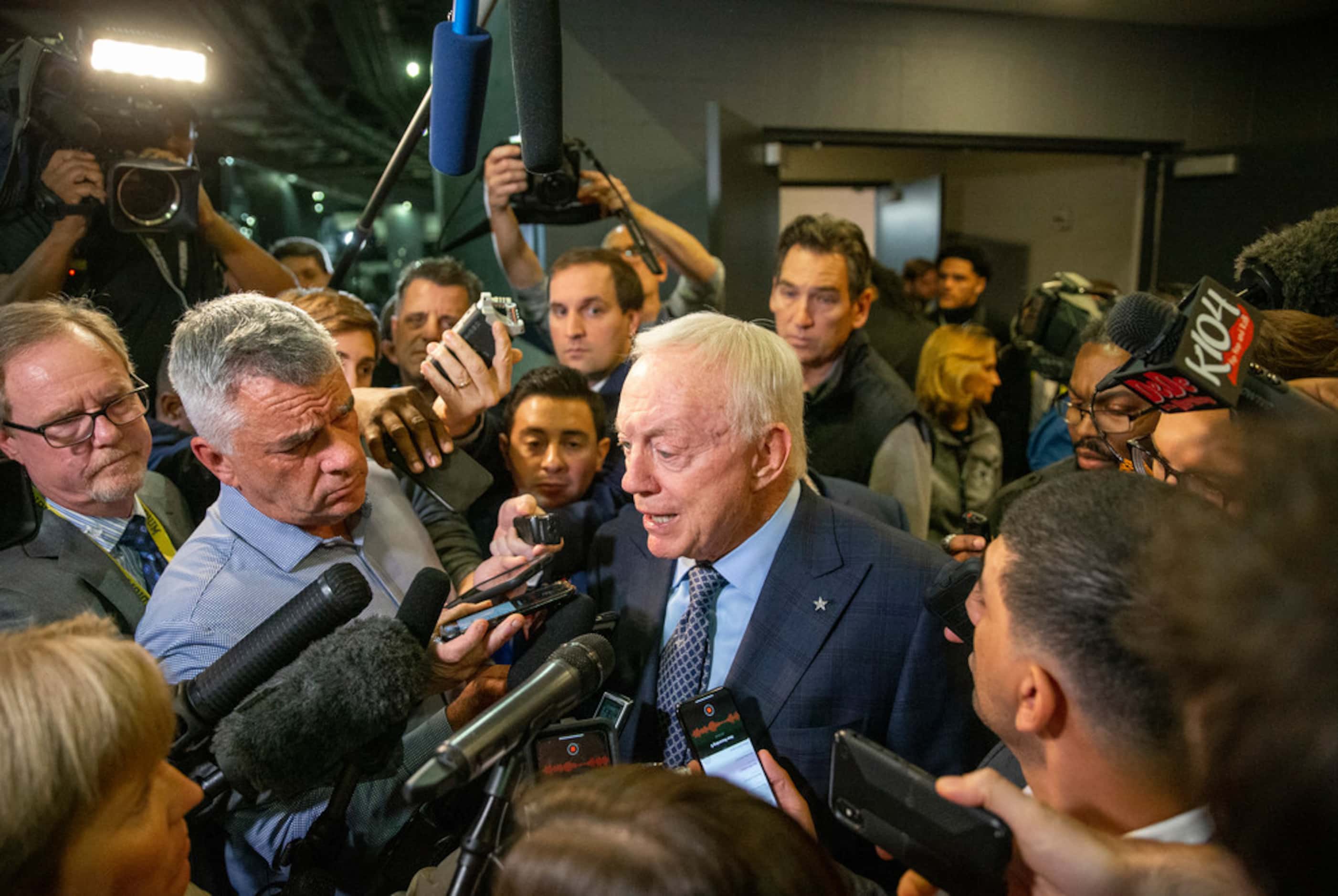 Dallas Cowboys owner Jerry Jones speaks with media following the NFL game between the...