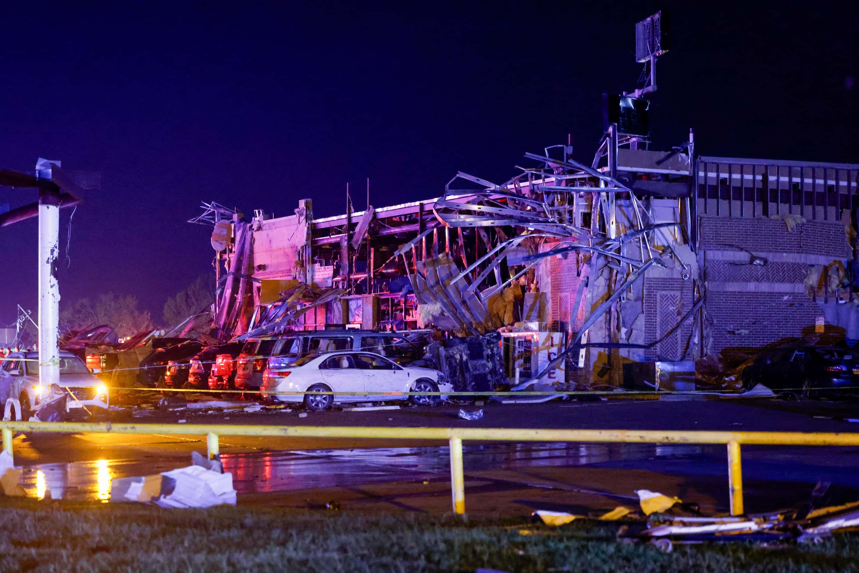 The remains of Shell gas station damaged by a suspected tornado are seen, Sunday, May 26,...