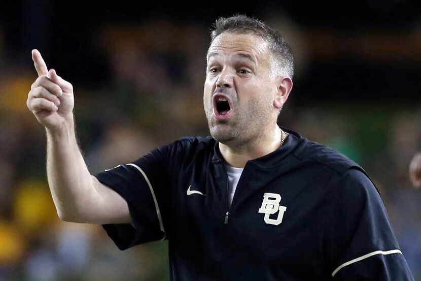 FILE - In this Oct. 21, 2017, file photo, Baylor head coach Matt Rhule reacts to a play...