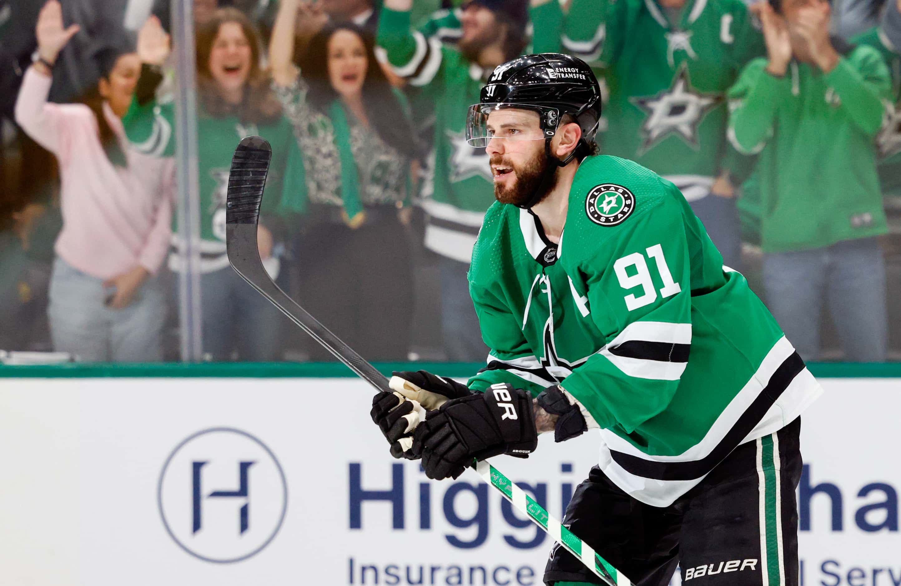 Dallas Stars center Tyler Seguin (91) skates to the bench after scoring the game-tying goal...