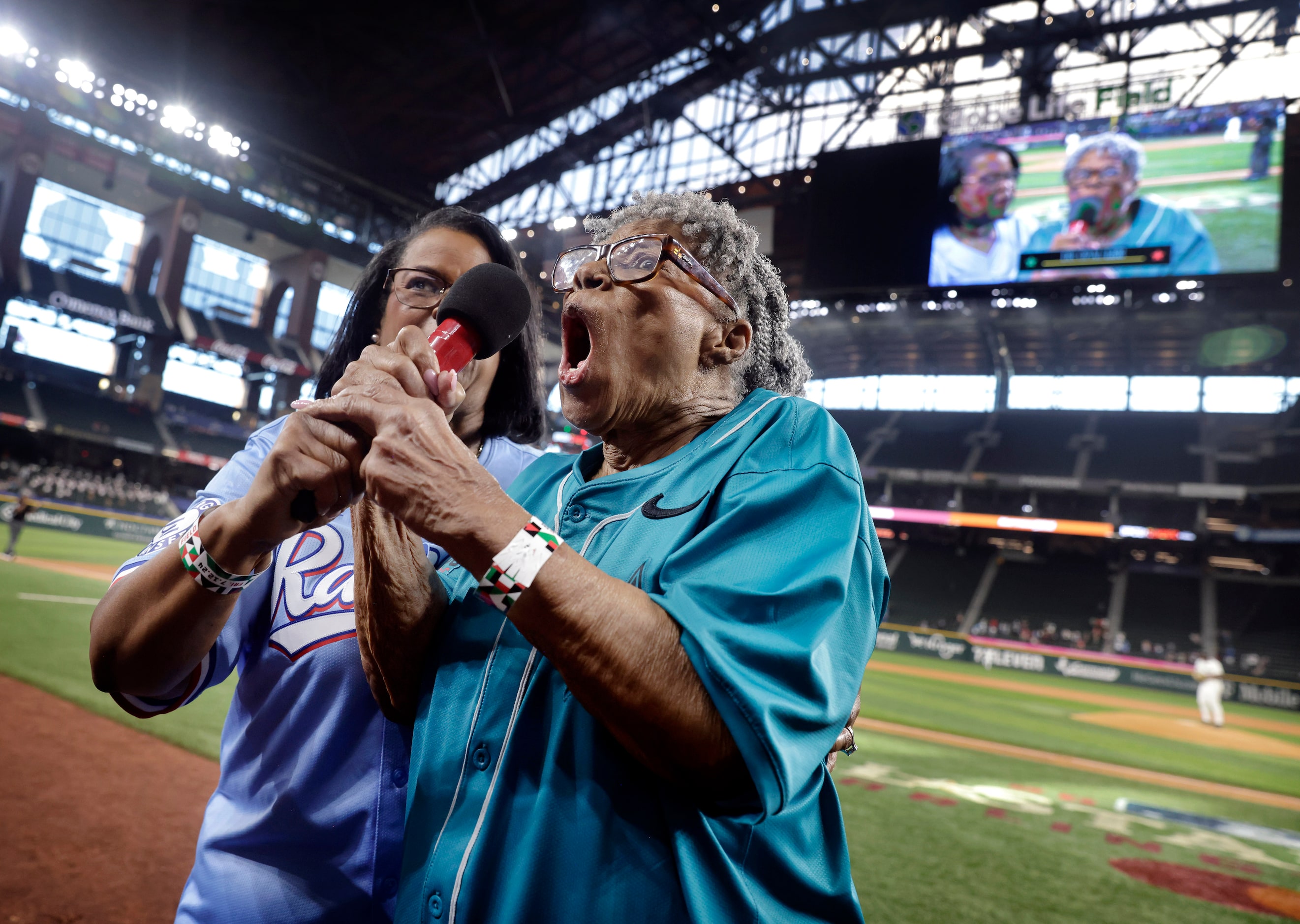 The grandmother of Juneteenth Opal Lee grabs hold of the microphone and yells ‘Play Ball!’...