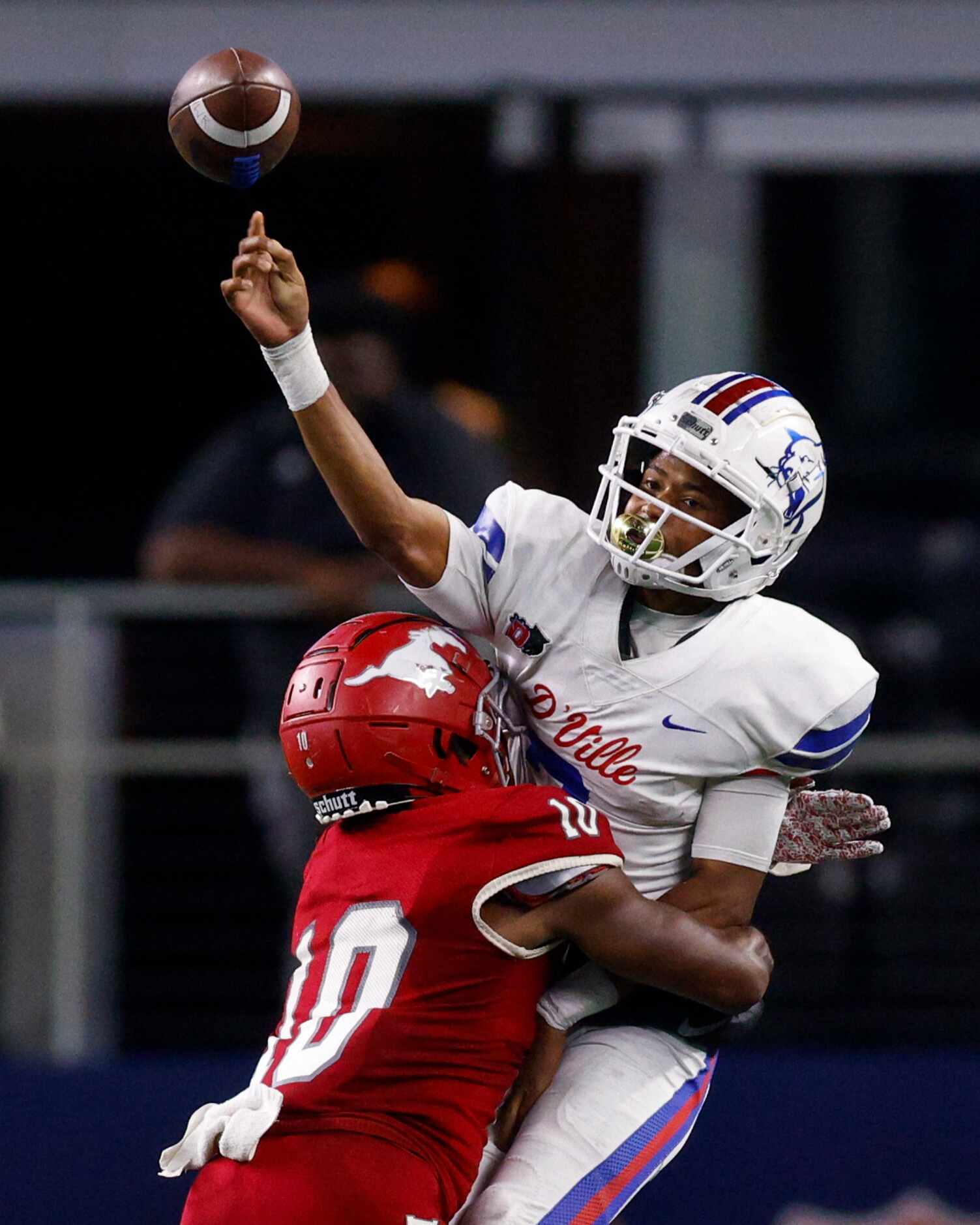 Galena Park North Shore linebacker Kent Battle (10) hits Duncanville quarterback Solomon...