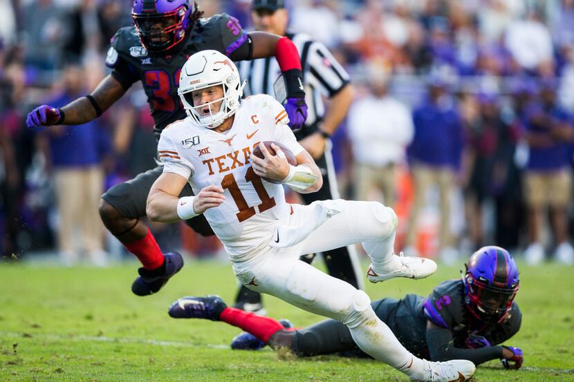 Texas quarterback Sam Ehlinger goes down during the Longhorns' 37-27 loss to TCU on...