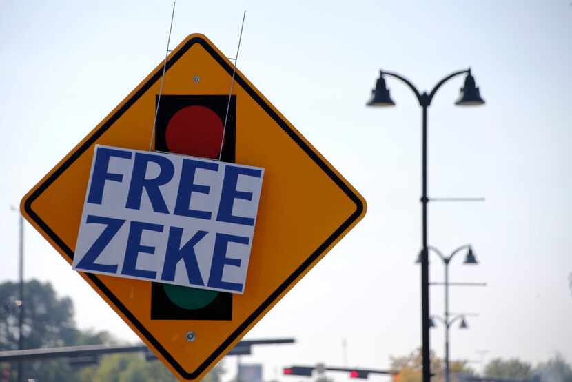 A "Free Zeke" sign is on display before the Dallas Cowboys home opener against the New York...