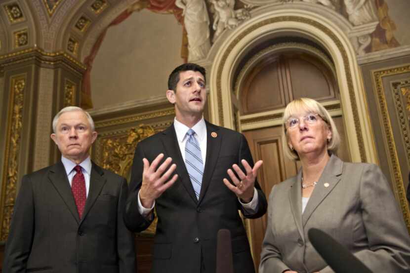 Sens. Jeff Sessions (left), R-Ala., Paul Ryan, R-Wisc., and Patty Murray, D-Wash.,  outlined...