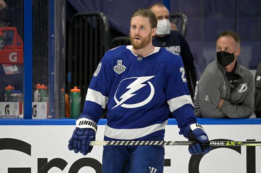 Tampa Bay Lightning center Blake Coleman (20) warms up before Game 1 of the NHL hockey...