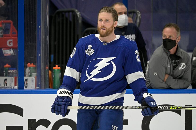 Tampa Bay Lightning center Blake Coleman (20) warms up before Game 1 of the NHL hockey...