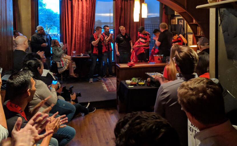 The 2019 Diablos jersey is revealed to the crowd at Paschall Bar. (4-24-19)