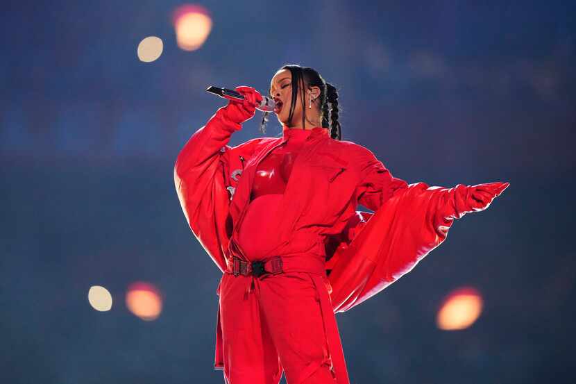 Rihanna performs during the halftime show at Super Bowl 57, between the Kansas City Chiefs...