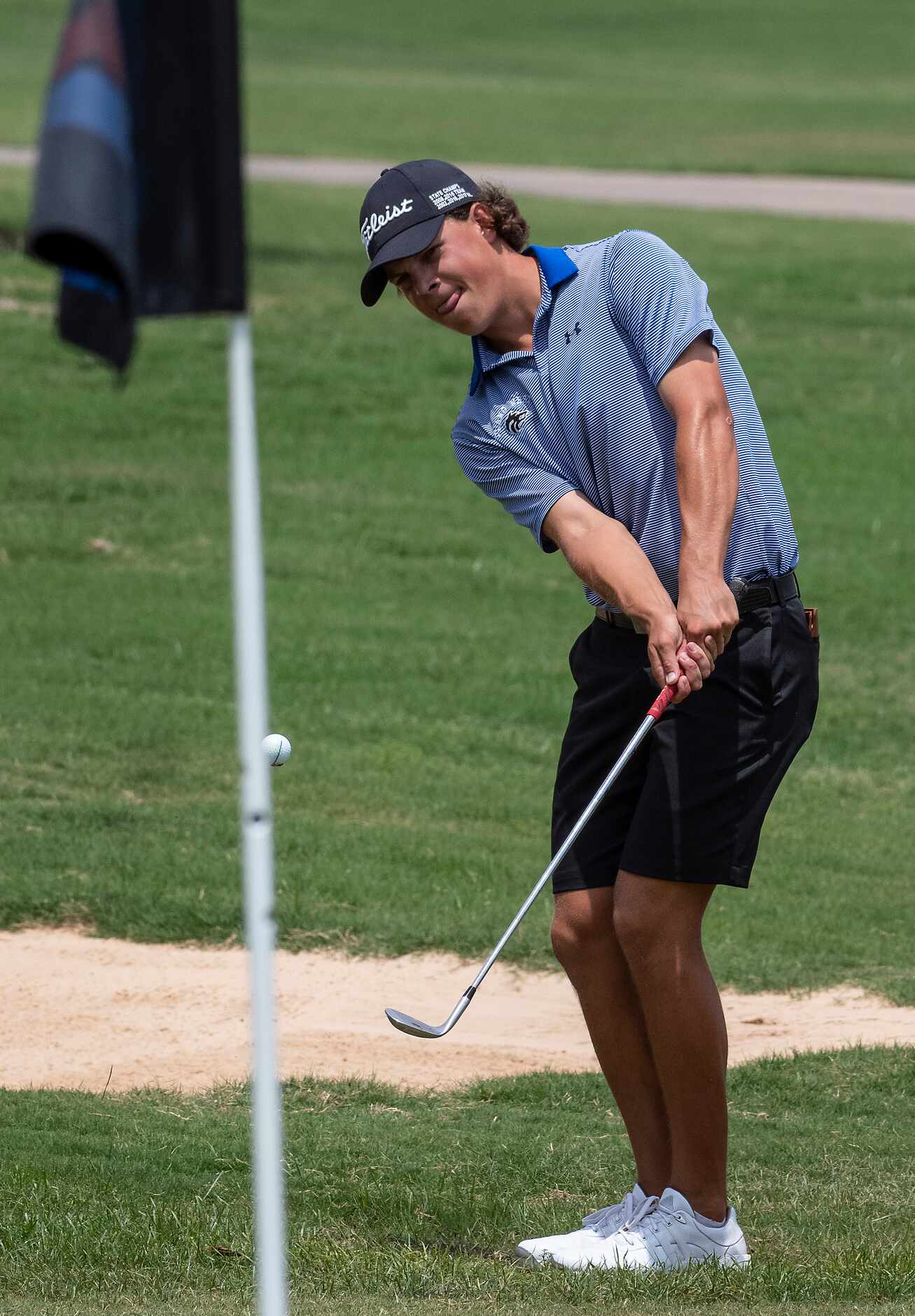 Plano West Matt Comegys chips in on the 18th green for an eagle to win the UIL 6A Boys...