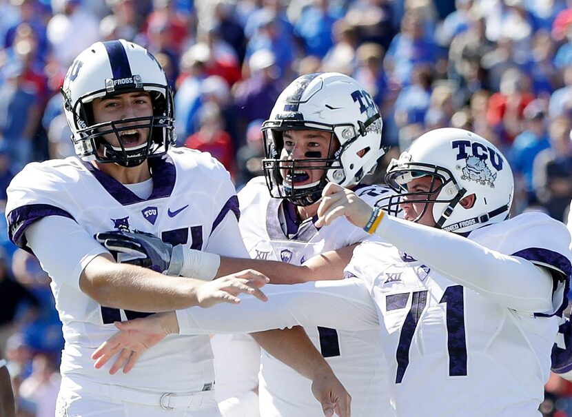 LAWRENCE, KS - OCTOBER 08:  Place kicker Brandon Hatfield #27 of the TCU Horned Frogs is...