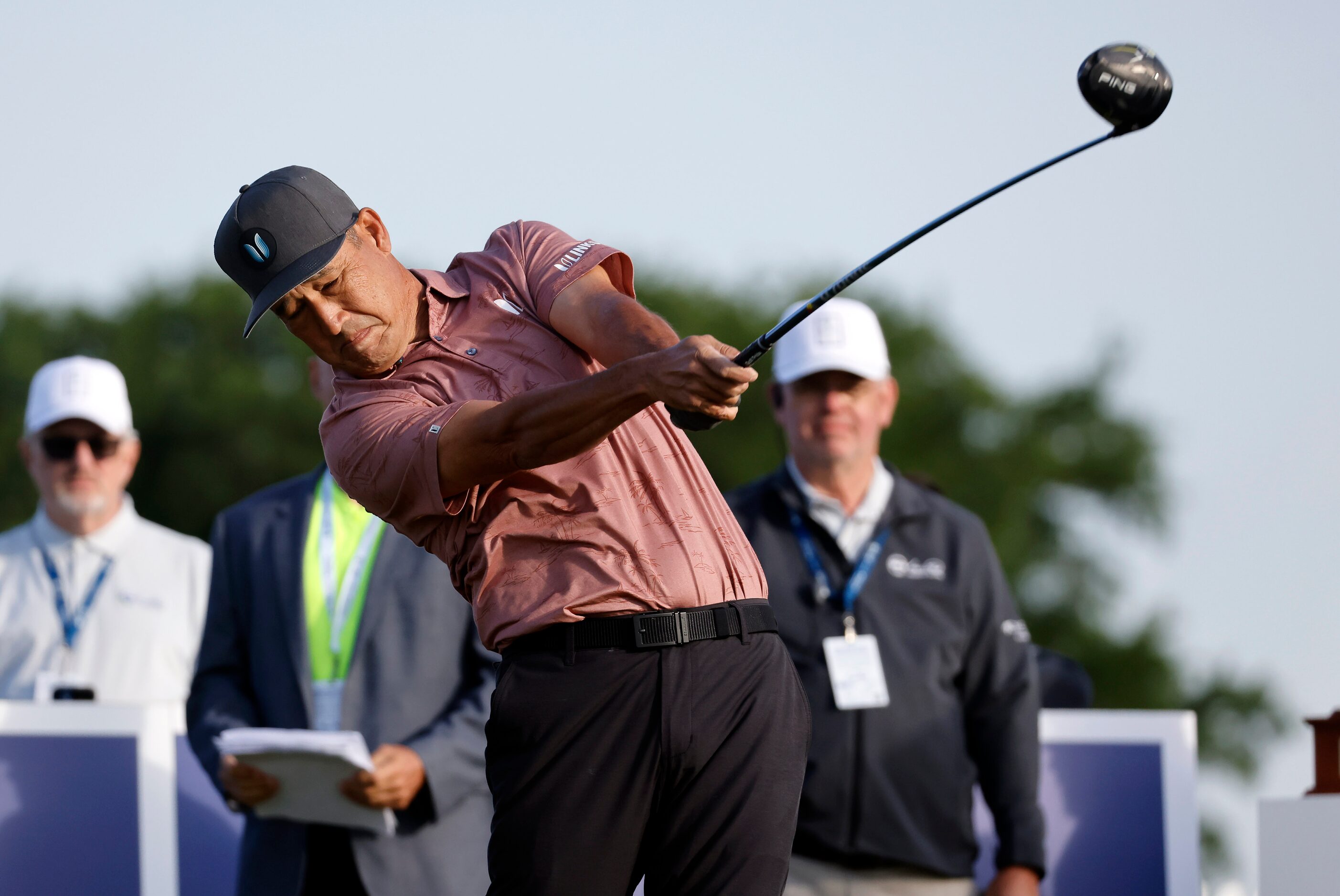 Professional golfer Dean Wilson hits his opening round tee shot on No. 1 in the Invited...