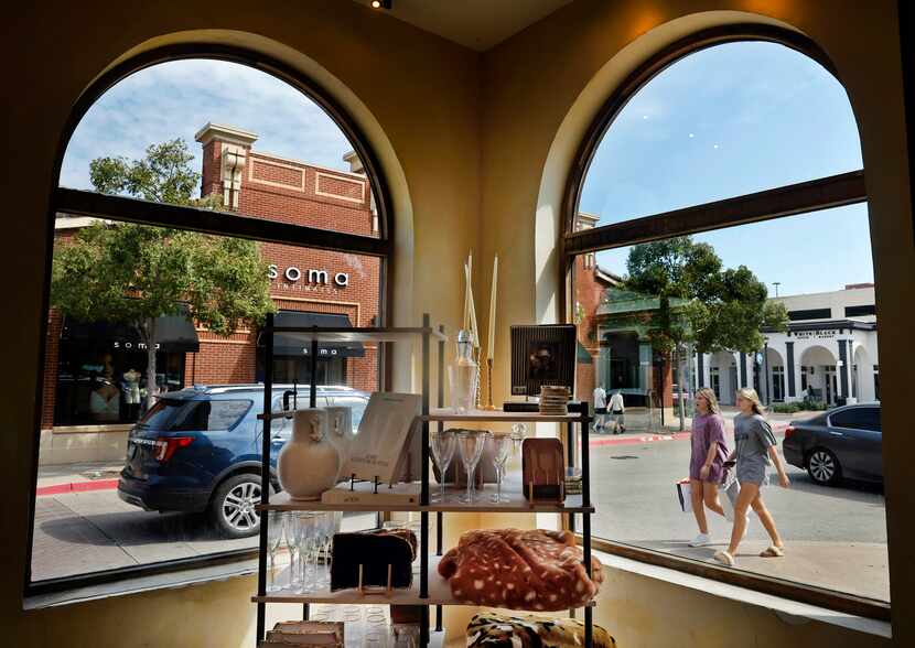 A view of the street level shopping from the Anthropologie window display at Southlake Town...