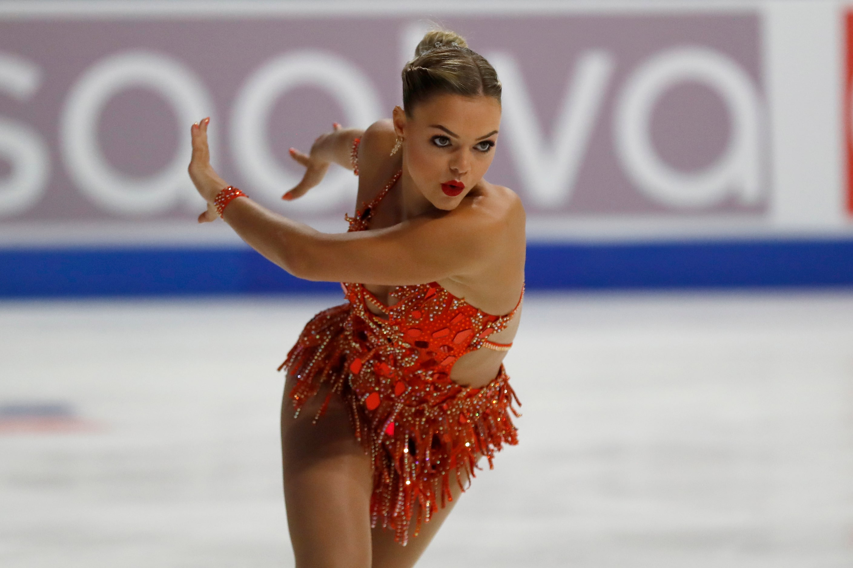 Loena Hendrickx, of Belgium, competes in the women's short program during the Skate America...