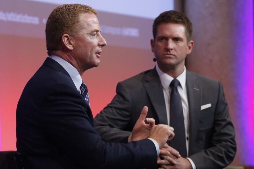 Dallas Cowboys Head Coach Jason Garrett (left) is interviewed by ESPN analyst Todd McShay at...