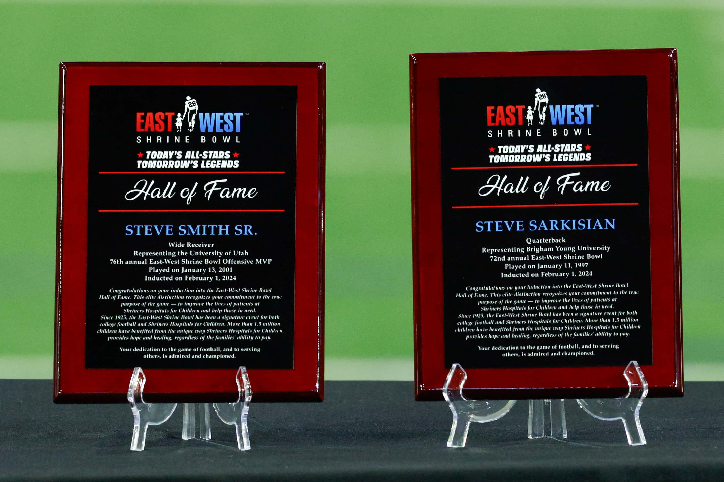 East-West Shrine Bowl Hall of Fame plaques for former NFL wide receiver Steve Smith Sr. and...