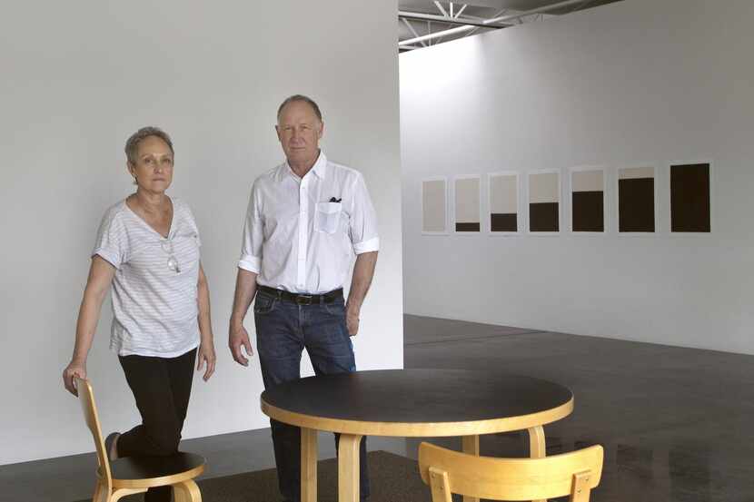 
Artist Linea Glatt and gallerist Barry Whistler at the installation of the exhibition...