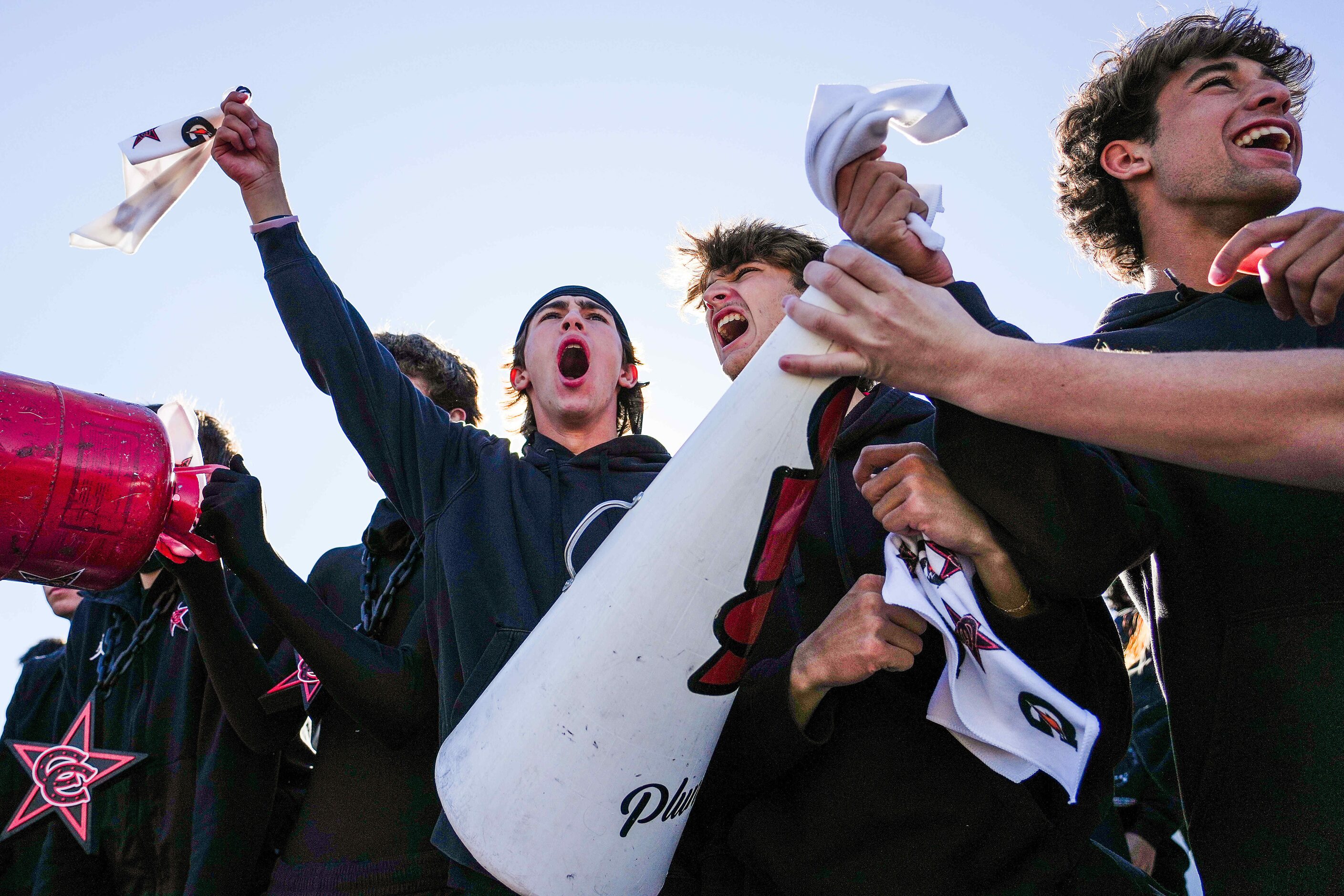 Coppell fans cheer their tea during the first half of a UIL Class 6A Division I Region I...