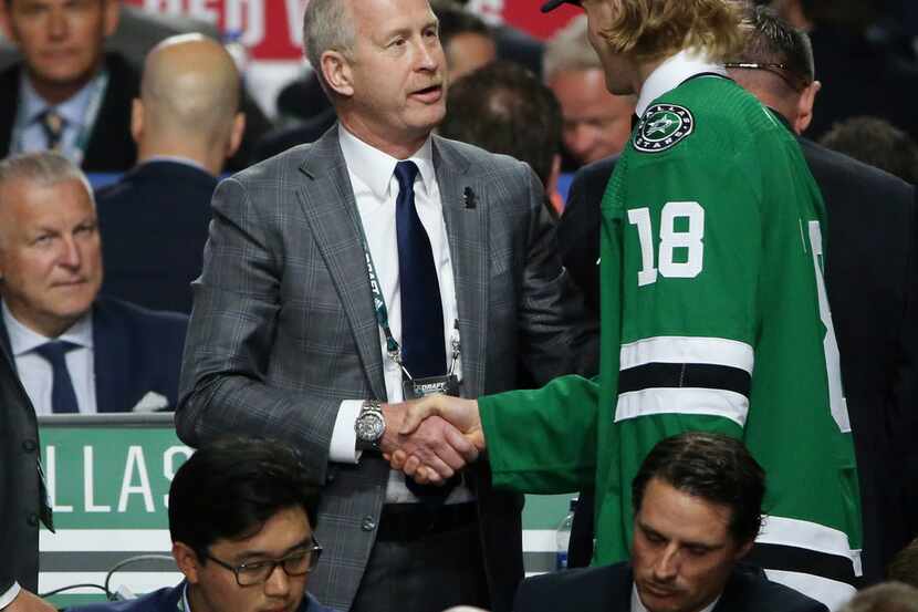 Dallas Stars general manager Jim Nill greets Albin Eriksson after the Stars draft Eriksson...