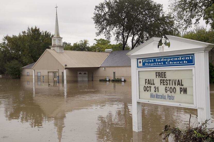 The First Independent Baptist Church on Bluff Springs Road in Austin, Texas, was under water...