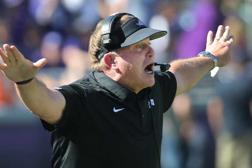 TCU head coach Gary Patterson gestures on the sidelines in the first half during the West...