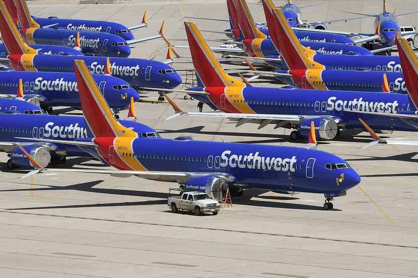 Southwest Airlines Boeing 737 MAX aircraft are parked on the tarmac at the Southern...