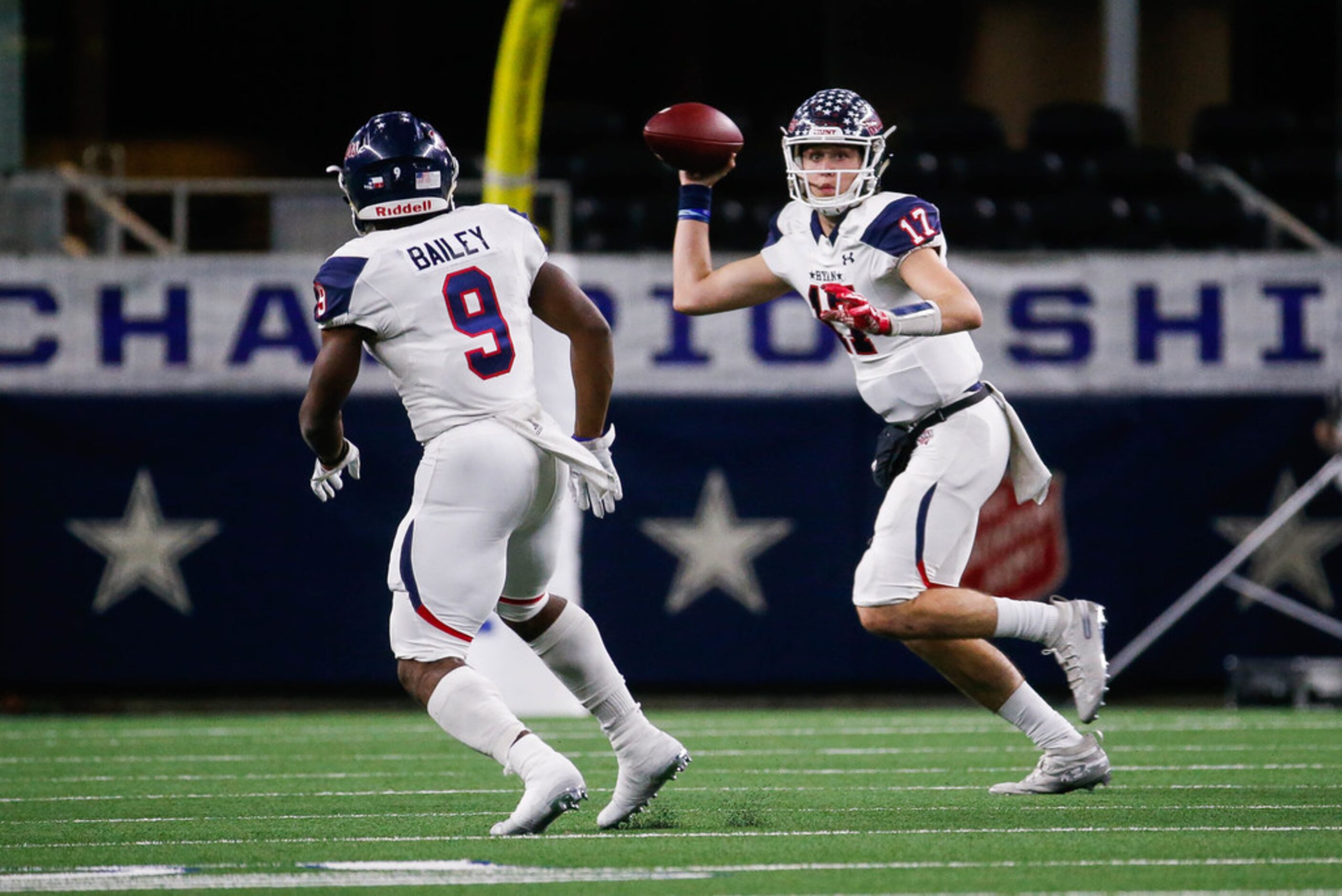 Denton Ryan's quarterback Seth Henigan (17) prepares to throw the ball in the first quarter...