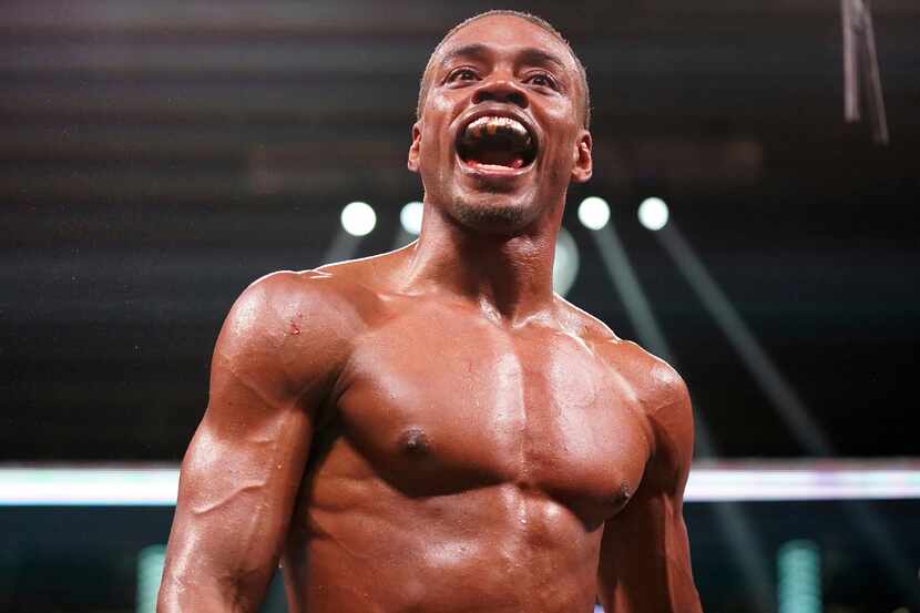 Errol Spence Jr. reacts during a world welterweight championship boxing match against...