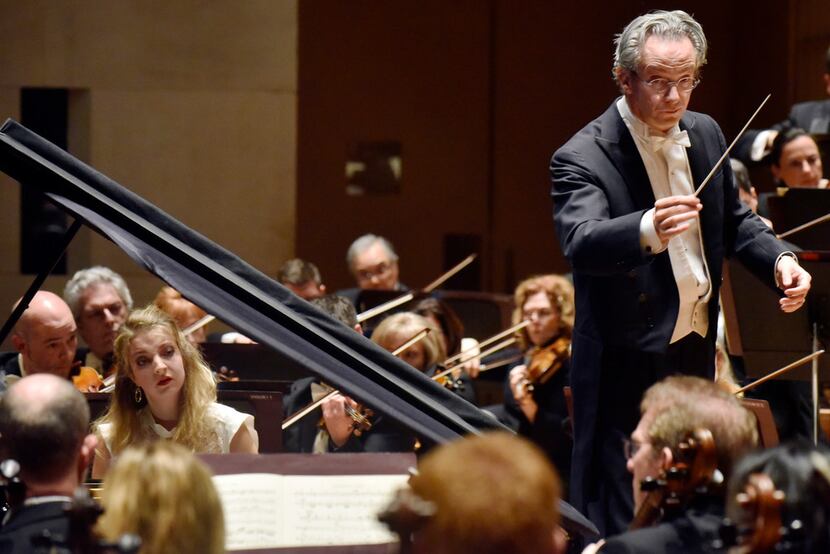The Dallas Symphony Orchestra with conductor Fabio Luisi, right, and pianist Lise de la...