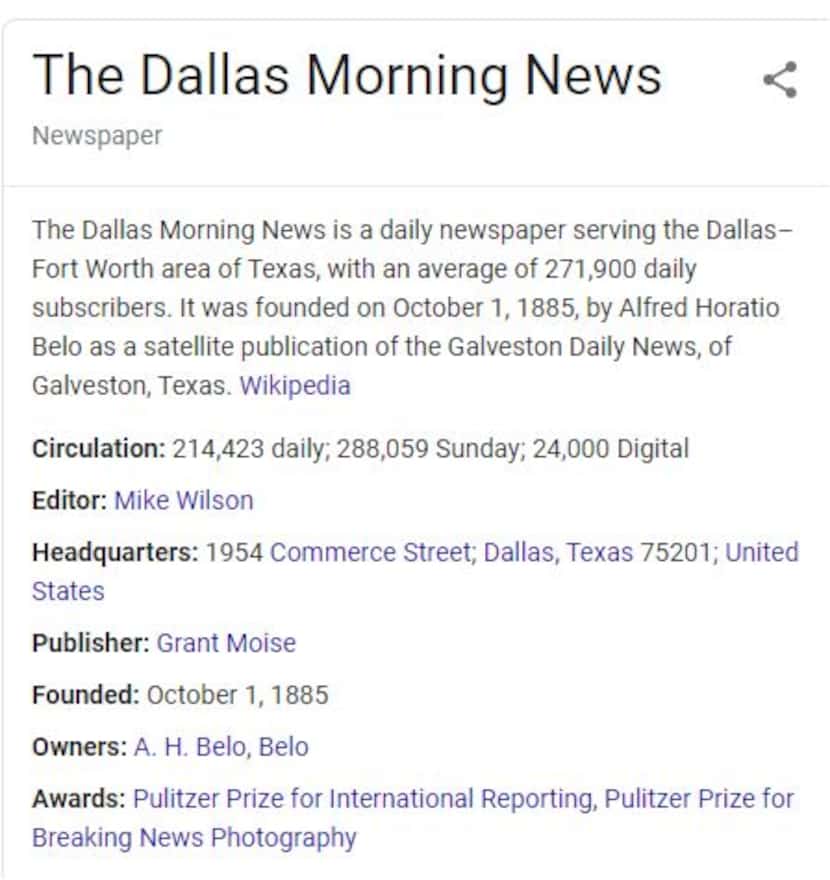 This is Google's Knowledge Panel for The Dallas Morning News.