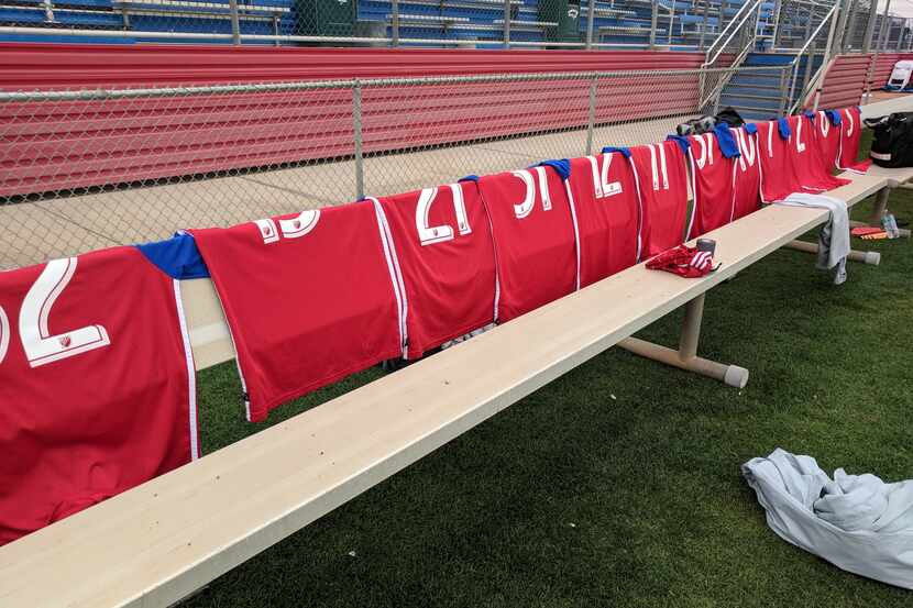 FC Dallas jersey lined up before the game against New England. (2-14-18)
