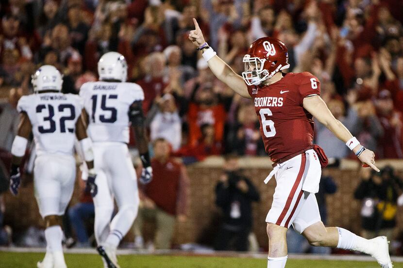 Oklahoma quarterback Baker Mayfield (6) celebrates after a score against TCU during the...