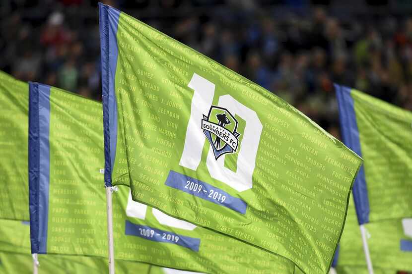 SEATTLE, WA - MARCH 02: A general view of a flag commemorating the 10 year anniversary of...