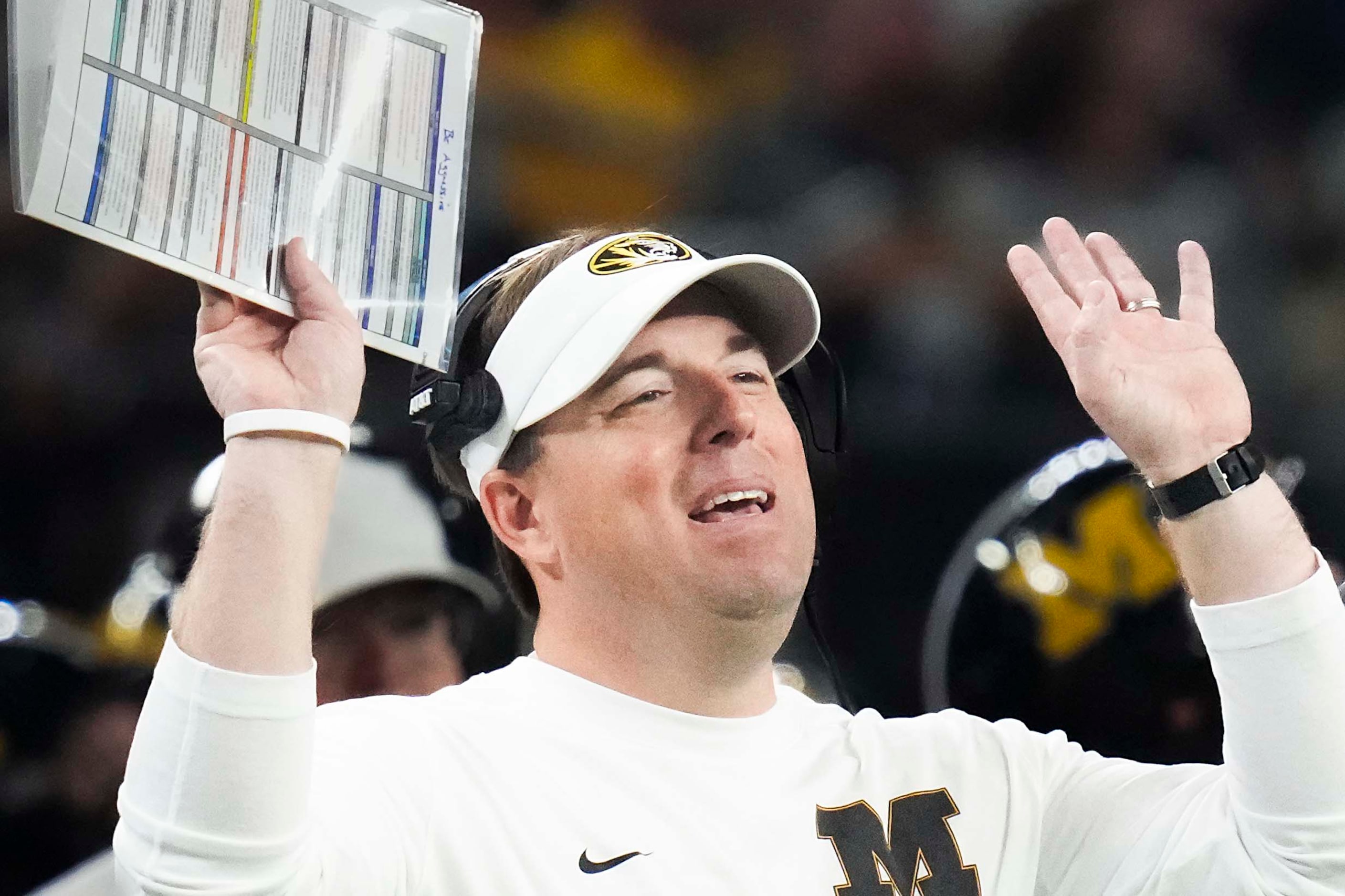 Missouri head coach Eliah Drinkwitz reacts to a call during the first half of the Goodyear...