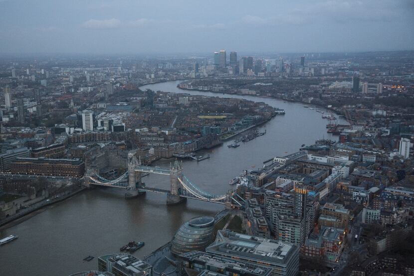 LONDON, ENGLAND - MARCH 28: The London skyline is seen from the Shard, the tallest building...
