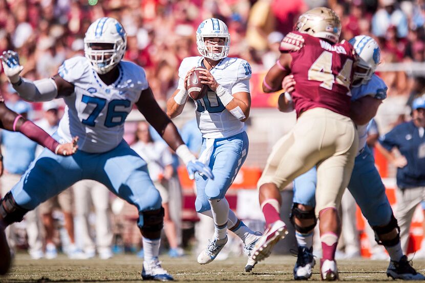 TALLAHASSEE, FL - OCTOBER 01: Mitch Trubisky #10 of the North Carolina Tar Heels looks to...