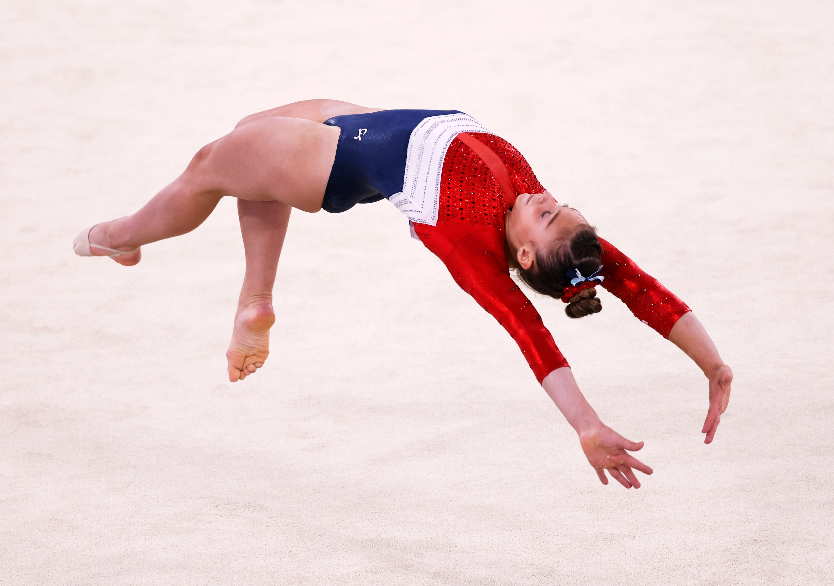 USA’s Grace McCallum competes on the floor during the artistic gymnastics women’s team final...