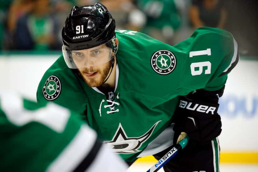Dallas Stars center Tyler Seguin (91) returned to the ice since his Achilles injury as he...