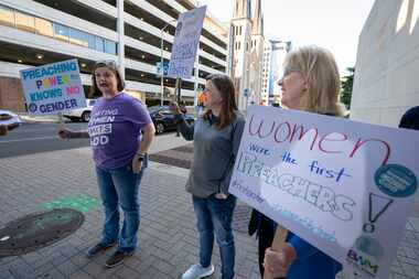 Nikki Hardeman, of Atlanta, Ga., an advocacy director for Baptist Women in Ministry, left,...