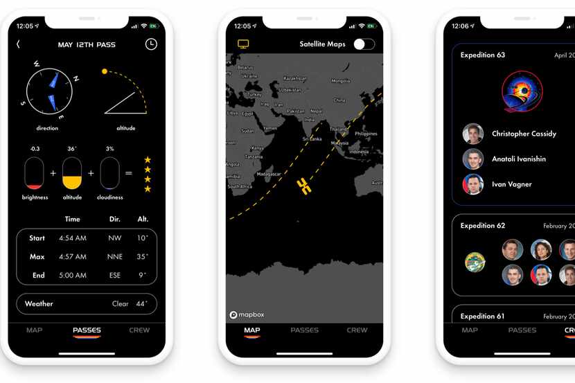 Different screens of ISS Finder for iOS