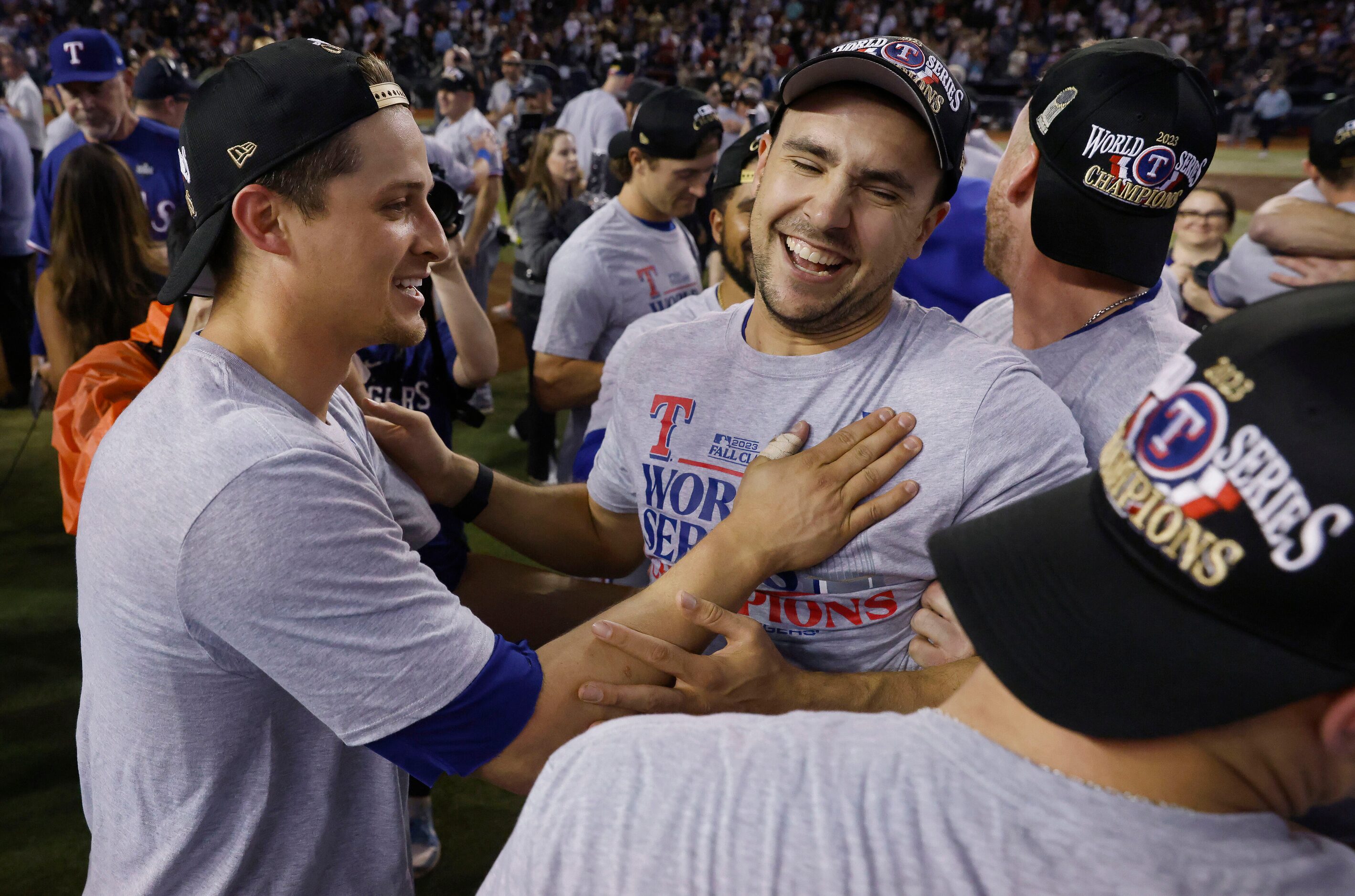 Texas Rangers celebrate their World Series win over the Arizona Diamondbacks at Chase Field...